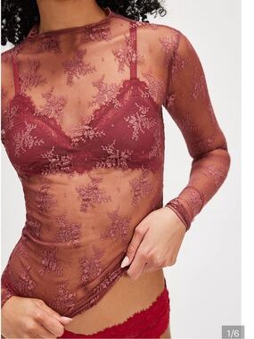 We the Free Sheer Lace Long-Sleeve Burgundy Top L